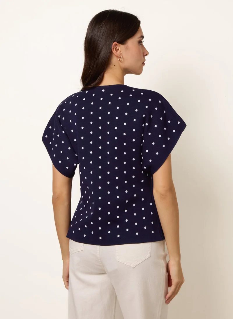 Blue Vanilla Polka Dot Short-Sleeve Knit Cardigan