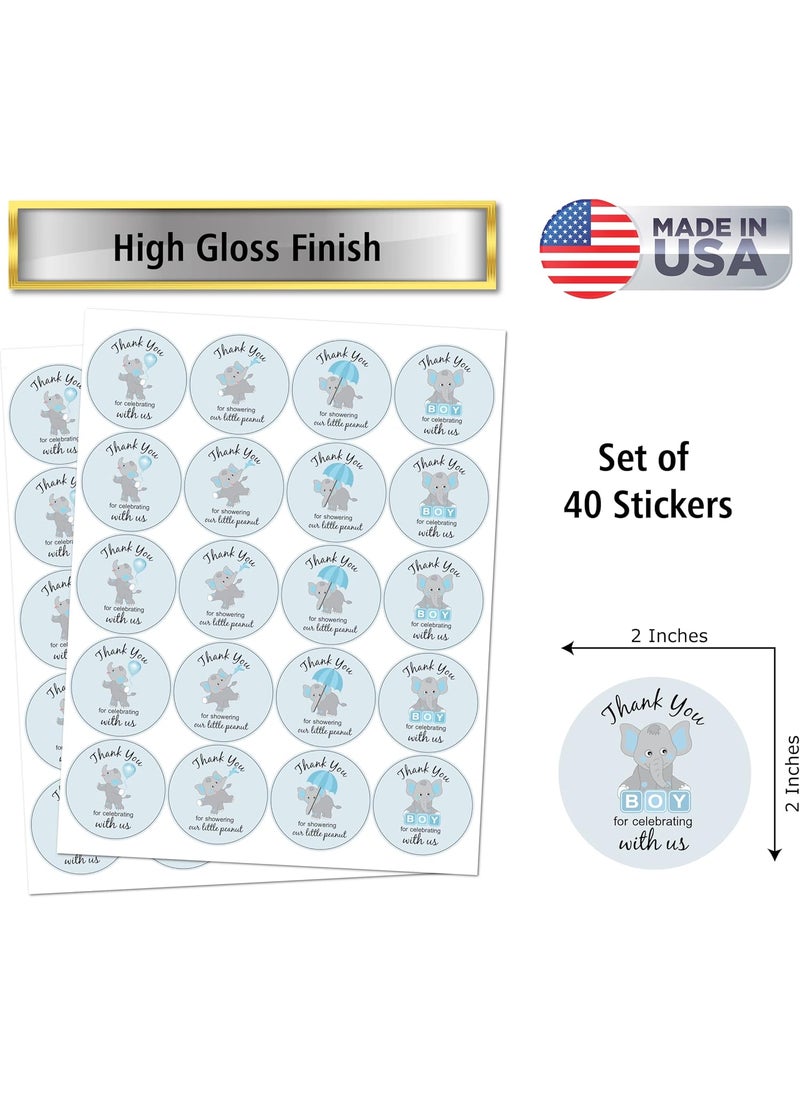 RokAPary 40 Thank You for Showering Our Little Peanut Stickers 2 Inch Big Round Glossy Labels Blue Elephant Theme for Boy Baby Shower Great for Party Favors Tags Games and Supplies  - Image 2