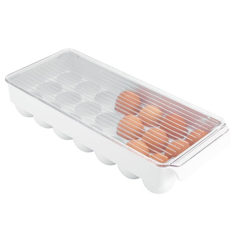 IDesign iDesign Plastic Egg Holder with Lid and Handle  Holds 21 Eggs  ClearWhite  Made in USA 