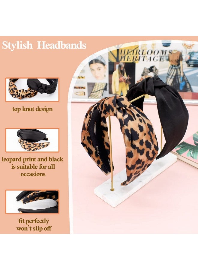 BEGOOD Knotted Headband For Women Leopard Print Womens Knotted Headbands Black Fashion Top Knot Hairband Wide Headbands Designer Headbands Turban Hair Accessories For Girls 2Pcs - Image 3