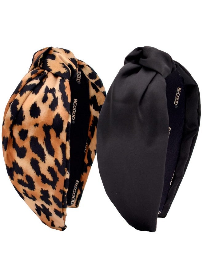BEGOOD Knotted Headband For Women Leopard Print Womens Knotted Headbands Black Fashion Top Knot Hairband Wide Headbands Designer Headbands Turban Hair Accessories For Girls 2Pcs - Image 1