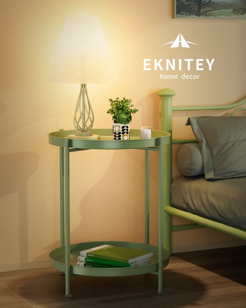 EKNITEY طاولة نهاية EKNITEY بطبقتين - طاولة جانبية معدنية مقاومة للماء صغيرة لطاولة قهوة بجانب الأريكة في غرفة النوم الداخلية والخارجية مع صينية قابلة للإزالة لغرفة المعيشة وغرفة النوم والشرفة والمكتب (أتروفيرينس) - Image 3