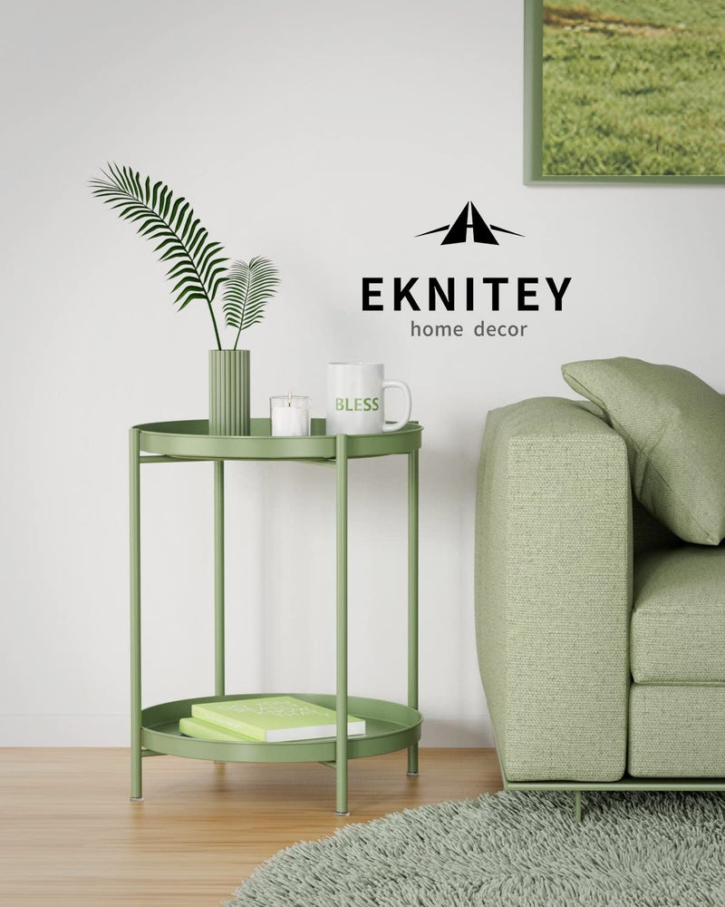 EKNITEY طاولة نهاية EKNITEY بطبقتين - طاولة جانبية معدنية مقاومة للماء صغيرة لطاولة قهوة بجانب الأريكة في غرفة النوم الداخلية والخارجية مع صينية قابلة للإزالة لغرفة المعيشة وغرفة النوم والشرفة والمكتب (أتروفيرينس) - Image 5