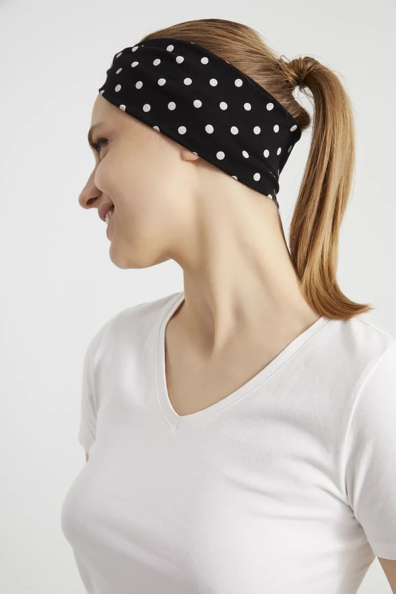 بوتيكجيز Black and White Polka Dot Boutique Women's Bandana Hair Band, Extra Soft, Flexible, Natural, Combed Cotton Fabric