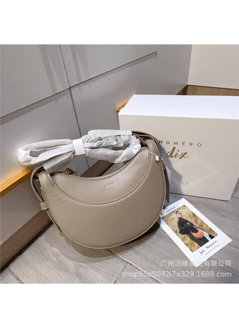 Generic - Polene Paris Genuine Leather Crescent Saddle Crossbody Bag Gray lychee pattern - Image 1