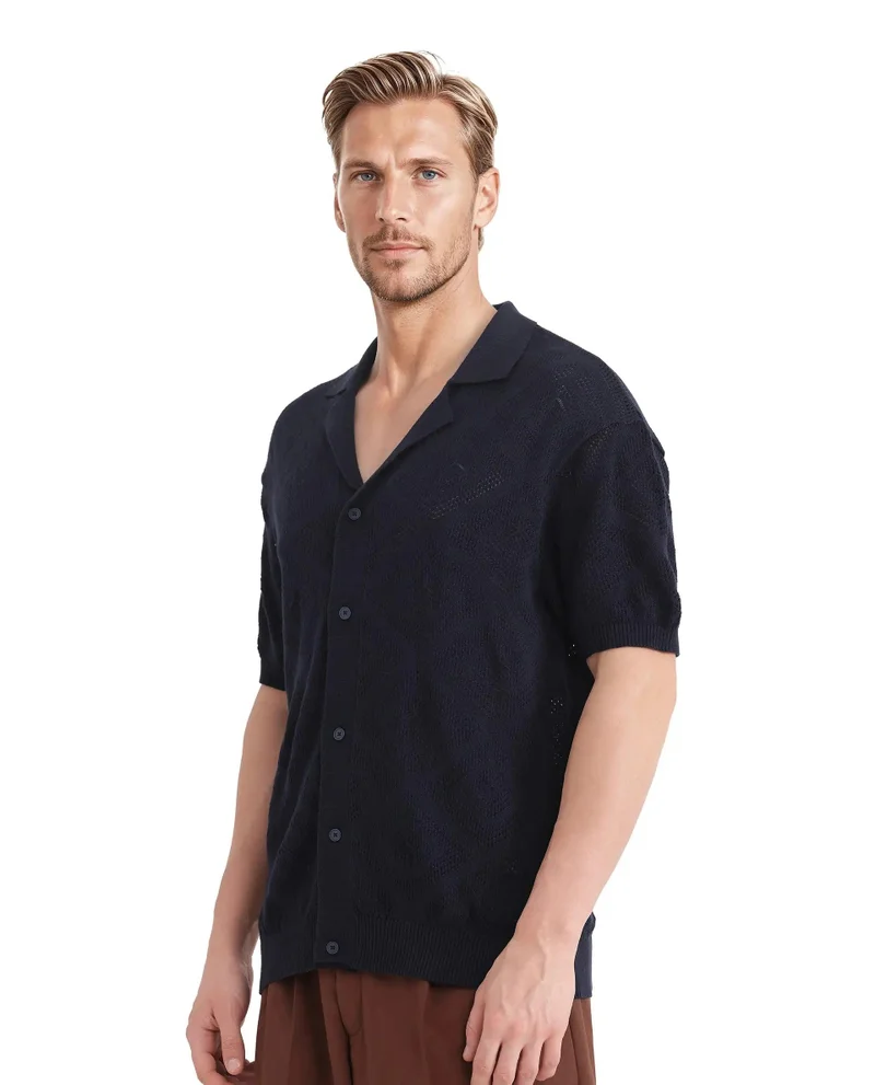 Rare Rabbit Men's Knitted Boxy Fit Cuban Collar Shirt