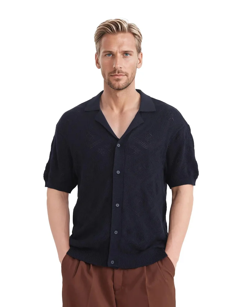 Rare Rabbit Men's Knitted Boxy Fit Cuban Collar Shirt