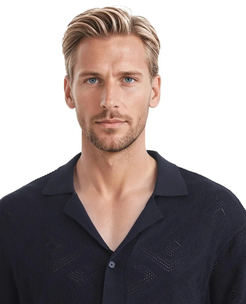 Rare Rabbit Men's Knitted Boxy Fit Cuban Collar Shirt