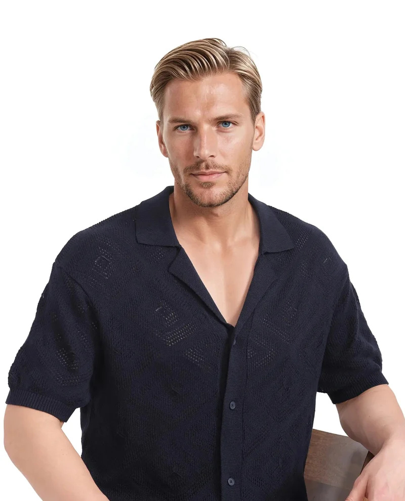 Rare Rabbit Men's Knitted Boxy Fit Cuban Collar Shirt