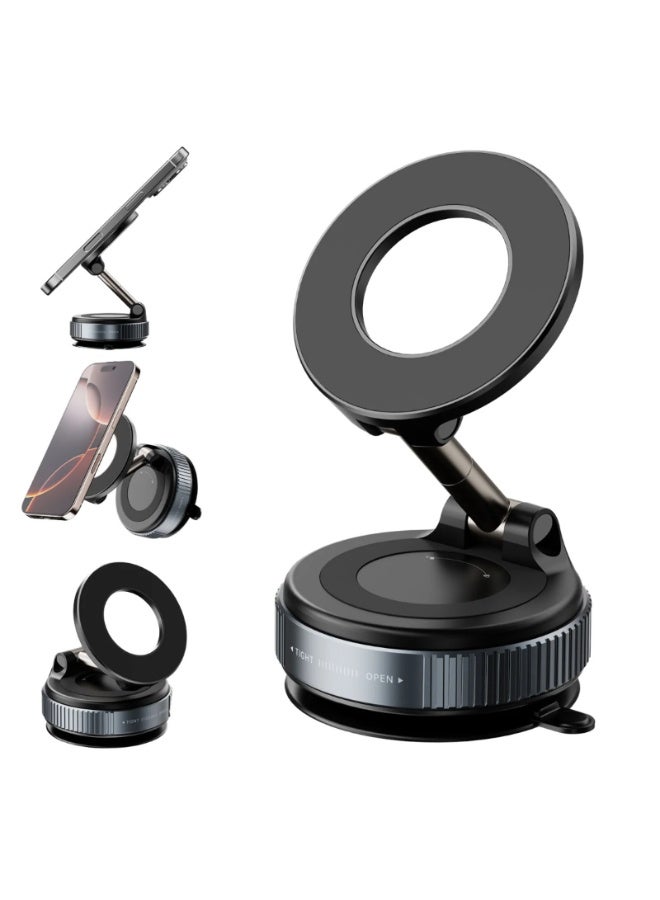 Vacuum Magnetic Car Phone Holder, Universal Suction Cup Mount, 360° Rotation Magnetic Stand, Hands-Free Phone Holder for Car, Mirror, Glass, Dashboard, Compatible with iPhone and Android, Black - Image 1