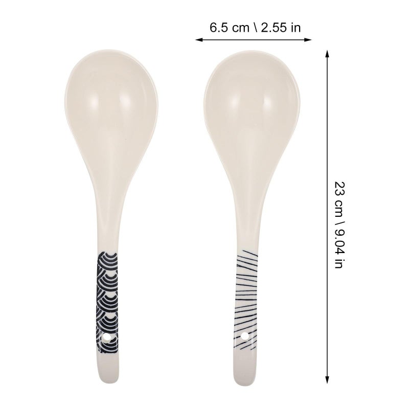 2 Long Handle Blue Stripe Ceramic Soup Spoons For Rice Porridge Dining - Image 3