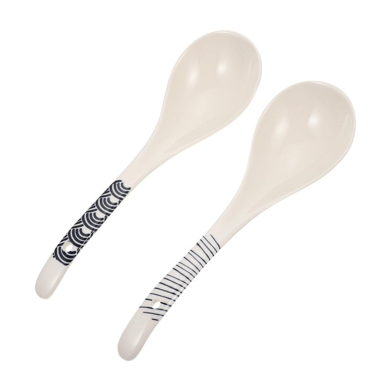 2 Long Handle Blue Stripe Ceramic Soup Spoons For Rice Porridge Dining - Image 2