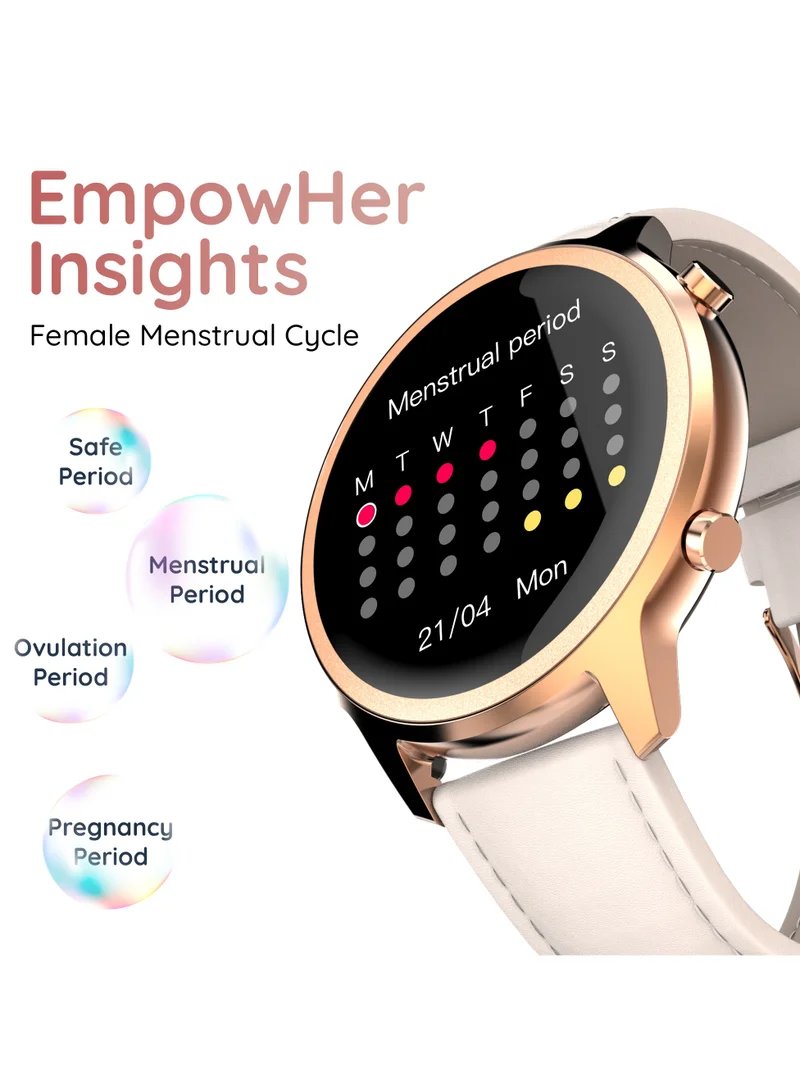 Pebble Celia 1.32" IPS Display with BT Calling, Female Health monitor, 24/7 health suite, Alarm, Multi sports modes and watch faces - Ivory Leather