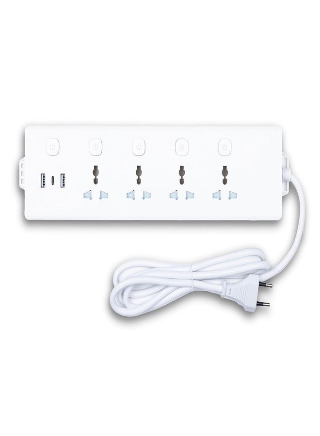 SHOPELLA لوحة تمديد كهربائية عالية التوصيل مزودة بـ 4 مقابس تيار متردد من النوع البريطاني، ومنفذي USB + شحن سريع من النوع C | واقي من ارتفاع التيار الكهربائي مع كابل شديد التحمل للاستخدام المنزلي (أبيض، عبوة من قطعة واحدة) - Image 1