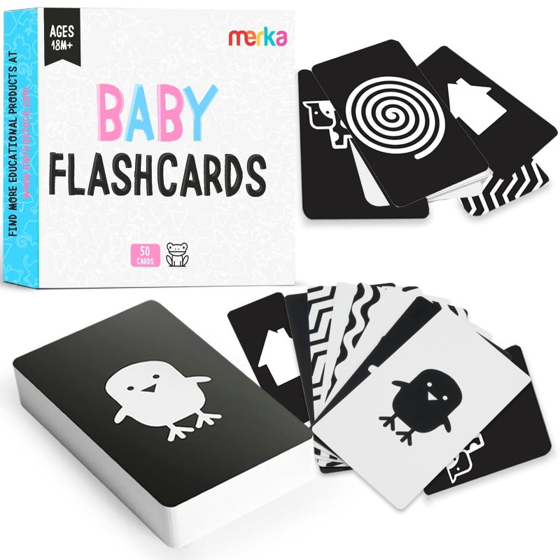 Merka Newborn Toys & Sensory Flash Cards for Babies - High Contrast Baby Cards - 50-Pack Paper, 2.4 in x 4.2 in, Black & White - Visual Stimulation & Brain Development for 0-3 Months - Image 1