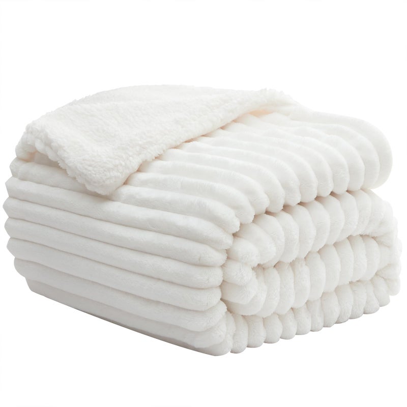 INFIIXSO Sherpa Throw Blanket for Couch Super Soft Warm Striped Fleece Blanket Cozy Plush Fluffy Blanket All Season Use Off White 50x60 Inches
