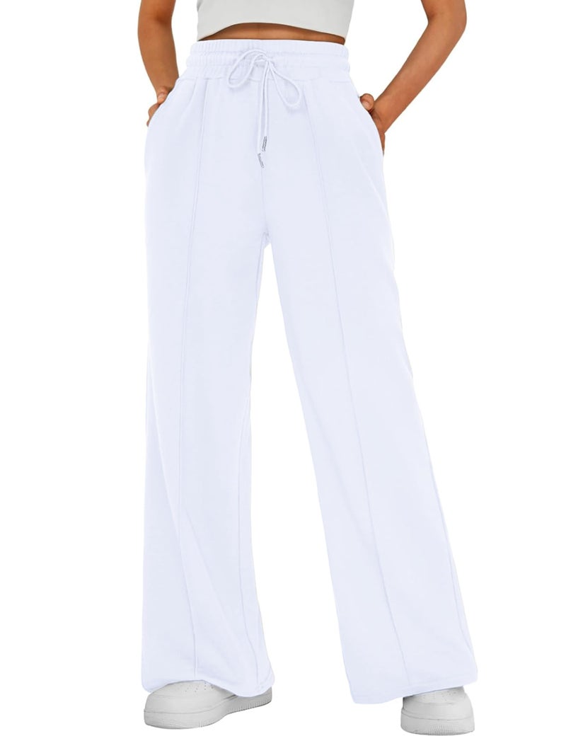 FSVABY Womens Baggy Wide Leg Athletic Track Sweatpants High Waisted Drawstring Workout Joggers with Pockets (White, Large) - Image 1