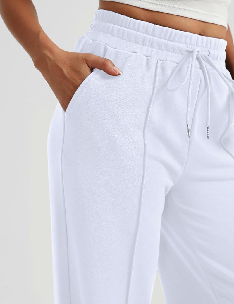 FSVABY Womens Baggy Wide Leg Athletic Track Sweatpants High Waisted Drawstring Workout Joggers with Pockets (White, Large) - Image 3