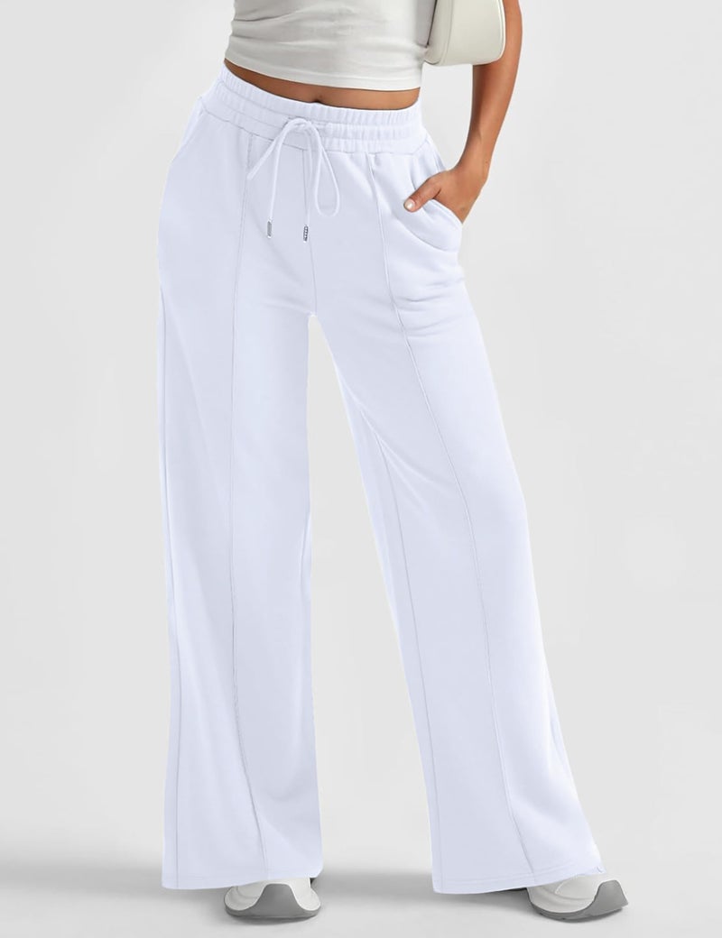 FSVABY Womens Baggy Wide Leg Athletic Track Sweatpants High Waisted Drawstring Workout Joggers with Pockets (White, Large) - Image 2