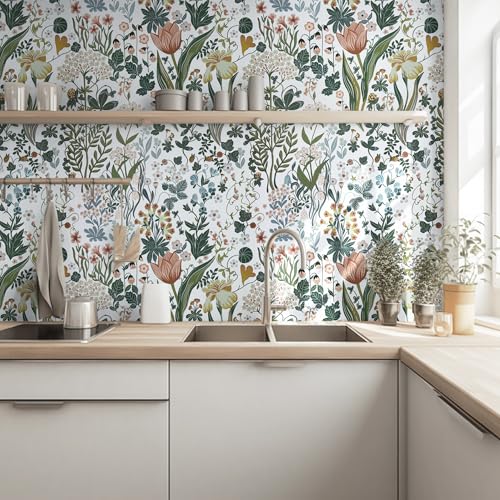 Toduso Peel and Stick Wallpaper Vintage White Wallpaper Floral Contact Paper Removable Wall Paper 17.3"x78.7" Leaf Flower Self Adhesive for Bedroom Bathroom Drawer Decor - Image 2