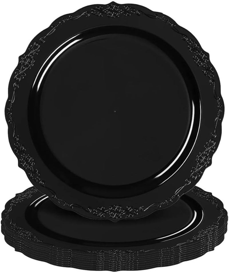 kaya Elegant Black Vintage Rim Round Disposable Plastic Salad Plates  75 Packs of 10  Premium Quality  BPAFree Materials Perfect for Any Occasion - Image 1