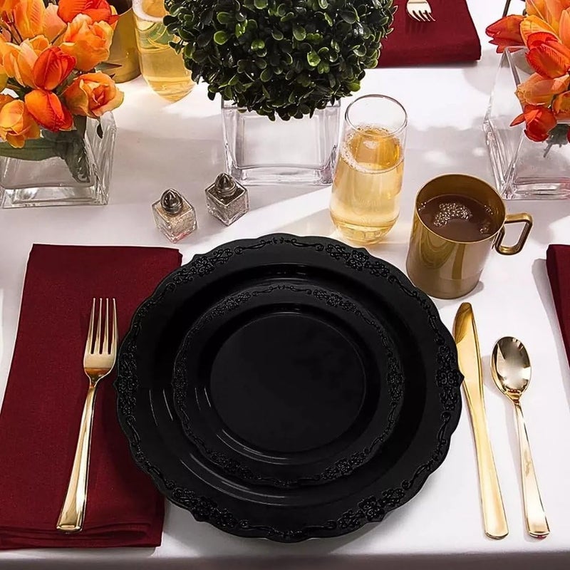 kaya Elegant Black Vintage Rim Round Disposable Plastic Salad Plates  75 Packs of 10  Premium Quality  BPAFree Materials Perfect for Any Occasion - Image 3