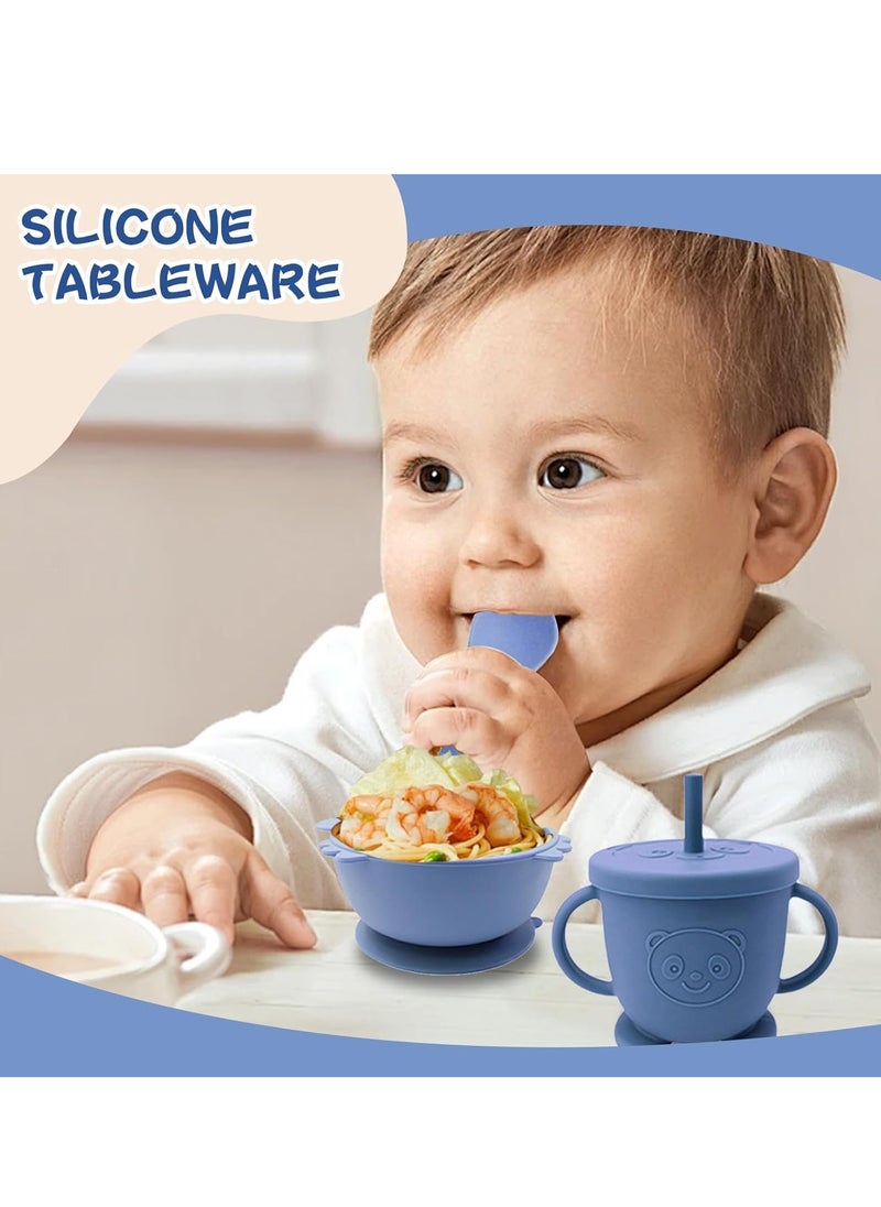 DMG TECH - Silicone Baby Feeding Set, Baby Weaning Kit, Includes Suction Bowl Divider Plate, Spoon Forks, Adjustable Bib, BPA Free Baby Feeding Kit (Navy Blue) - Image 1