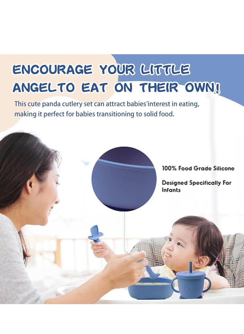 DMG TECH - Silicone Baby Feeding Set, Baby Weaning Kit, Includes Suction Bowl Divider Plate, Spoon Forks, Adjustable Bib, BPA Free Baby Feeding Kit (Navy Blue) - Image 1