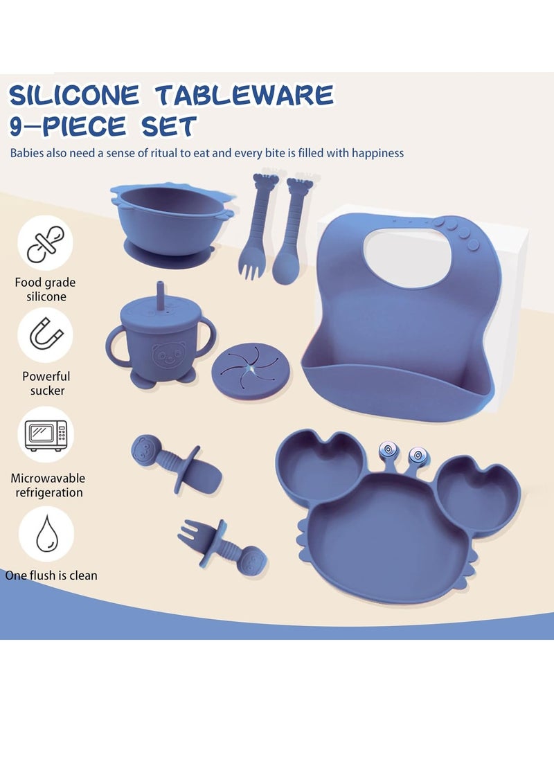 DMG TECH - Silicone Baby Feeding Set, Baby Weaning Kit, Includes Suction Bowl Divider Plate, Spoon Forks, Adjustable Bib, BPA Free Baby Feeding Kit (Navy Blue) - Image 1