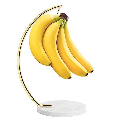 Livabber Banana Holder with Marble Base, Metal Banana Hanger Modern Tree Stand with Hook, Stylish Banana Keeper Fresh Fruit Storage Organizer Freestanding for Kitchen Countertop (Gold, Single Hook) - Image 1