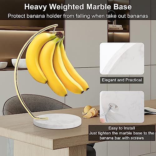 Livabber Banana Holder with Marble Base, Metal Banana Hanger Modern Tree Stand with Hook, Stylish Banana Keeper Fresh Fruit Storage Organizer Freestanding for Kitchen Countertop (Gold, Single Hook) - Image 4
