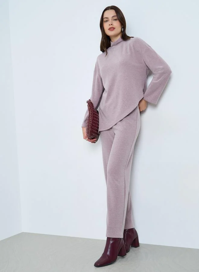 Women Lilac Asymmetric Knit Top and Pants Co-Ords