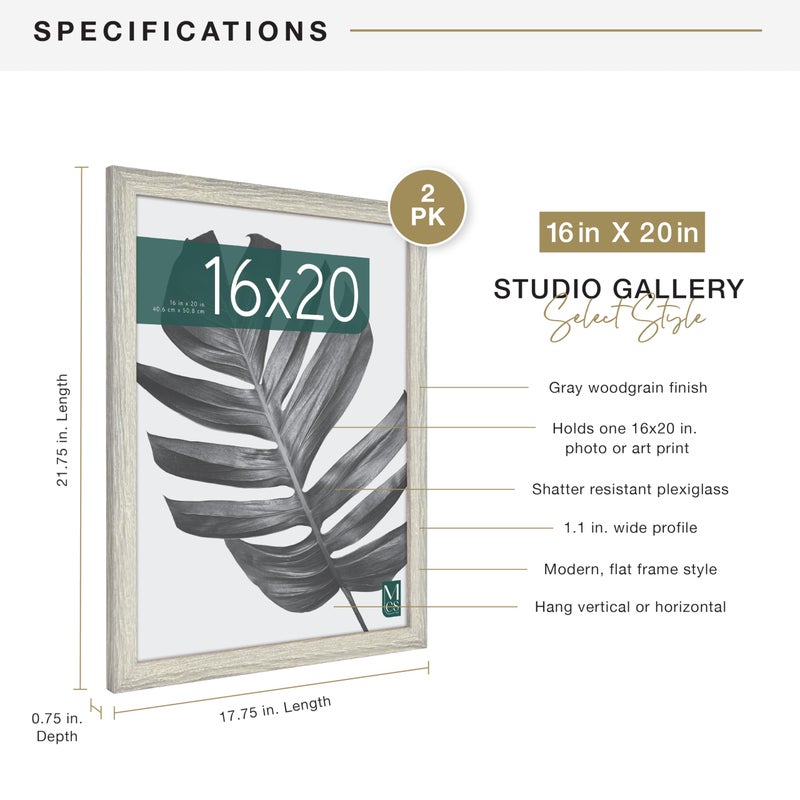 أم سي أس MCS Studio Gallery 16x20 Poster Frame Gray Woodgrain Vertical & Fenizontal Wall Hanging إطار صورة كبير للصور الملصقات والمطبوعات الفنية (حزمة) - Image 4