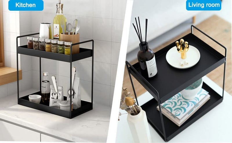 Cri8Hub Big Size Multipupose 2-Tier Standing Rack, Bathroom Countertop Storage Shelf Cosmetic Organizer Holder Kitchen Spice Rack, Black - Metal - Image 2