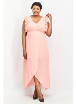 Women Plain Ruffle Sleeve Maxi Dress, Pink