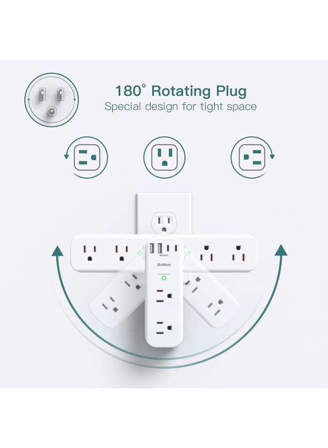 Addtam Wall Outlet Extender with Surge Protector, Power Strip with Swivel Plug, 6 AC Outlets, 3 USB Ports (2 USB C), 1800J, 3 Sides Power Strip, Outlet Splitter for - Image 3