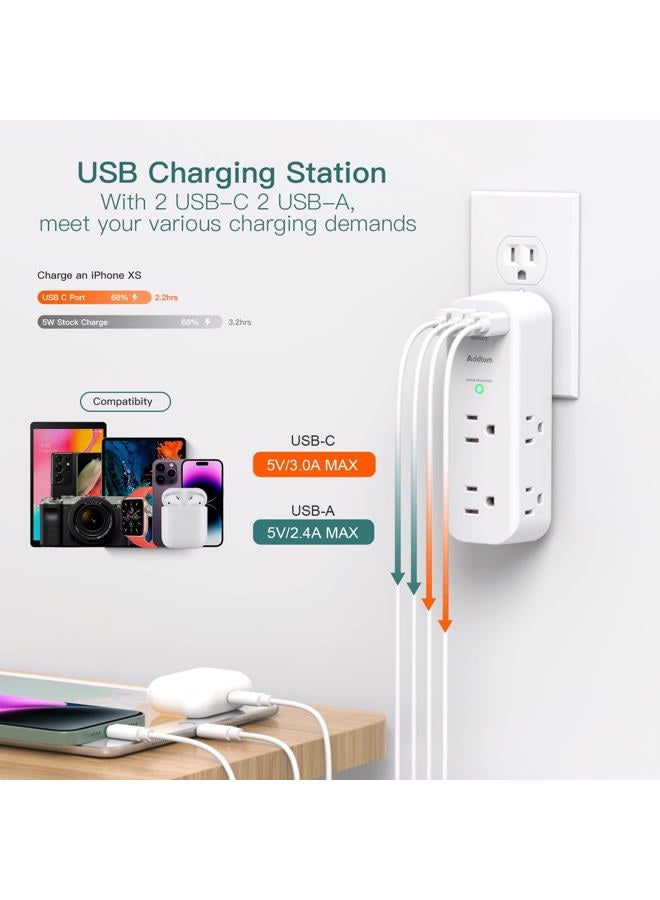 Addtam Wall Outlet Extender with Surge Protector, Power Strip with Swivel Plug, 6 AC Outlets, 3 USB Ports (2 USB C), 1800J, 3 Sides Power Strip, Outlet Splitter for - Image 5
