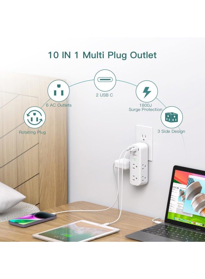 Addtam Wall Outlet Extender with Surge Protector, Power Strip with Swivel Plug, 6 AC Outlets, 3 USB Ports (2 USB C), 1800J, 3 Sides Power Strip, Outlet Splitter for - Image 2