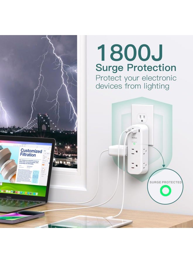 Addtam Wall Outlet Extender with Surge Protector, Power Strip with Swivel Plug, 6 AC Outlets, 3 USB Ports (2 USB C), 1800J, 3 Sides Power Strip, Outlet Splitter for - Image 4