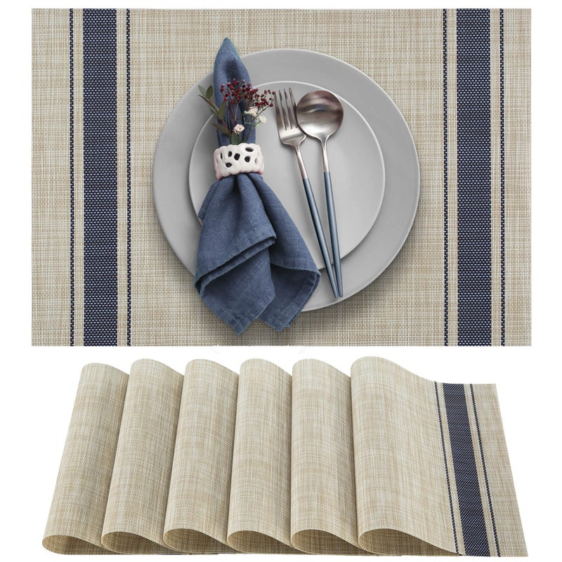 More Dcor Dining Table Placemats Washable HeatResistant PVC Vinyl Table Mats for Dining Room and Kitchen AntiSlip  Set of 6  Vertical Striped Blue  Grey