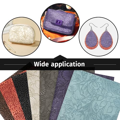 SHUANGART 7 Pcs Embossed Faux Leather Sheets for Earrings Purses Making, 8.2" X 11.8" with Flower Leaf Embossed Textured Synthetic Fabric Sheets for DIY Bows Wallet Sewing Crafts (Random) - Image 4