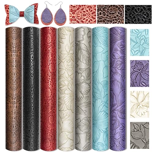 SHUANGART 7 Pcs Embossed Faux Leather Sheets for Earrings Purses Making, 8.2" X 11.8" with Flower Leaf Embossed Textured Synthetic Fabric Sheets for DIY Bows Wallet Sewing Crafts (Random) - Image 1