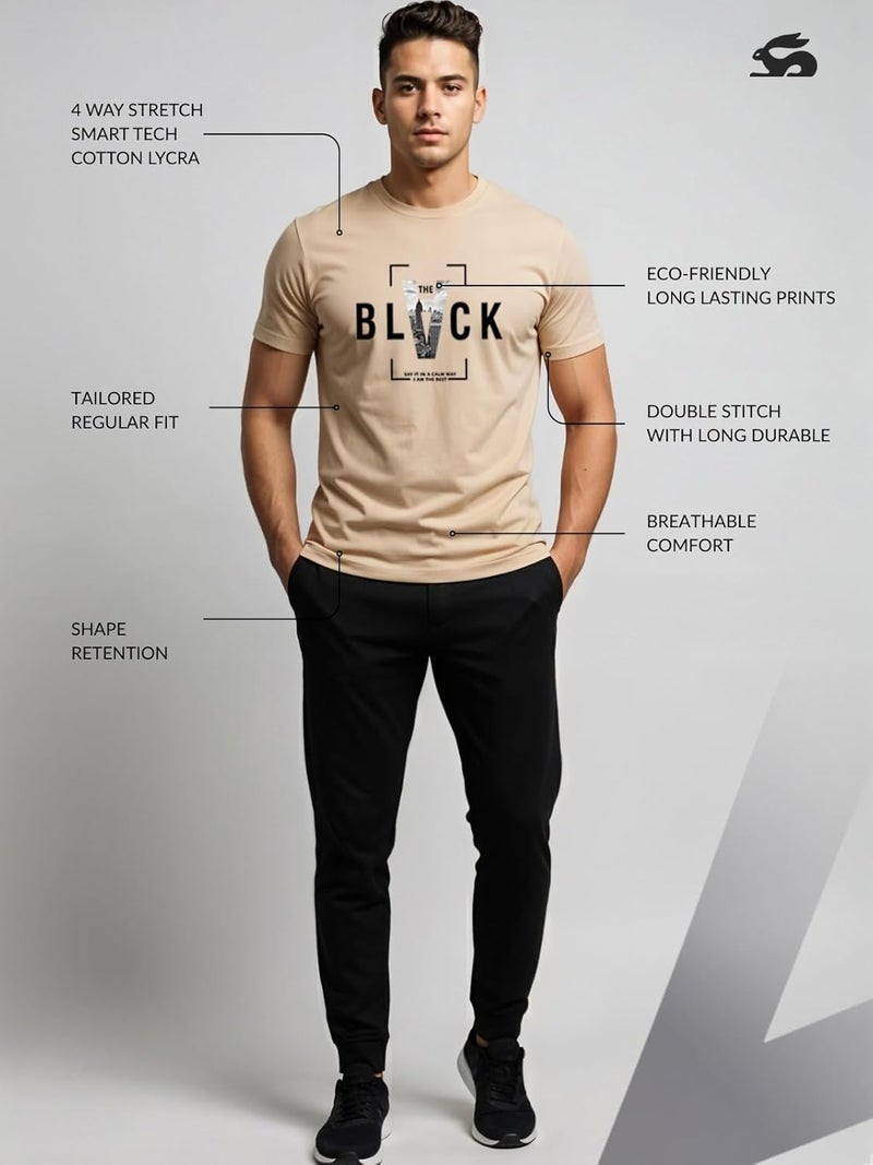 ADRO Men's Regular Fit T-Shirt - Bold Block Vision BLVCK Design in Beige - Image 3