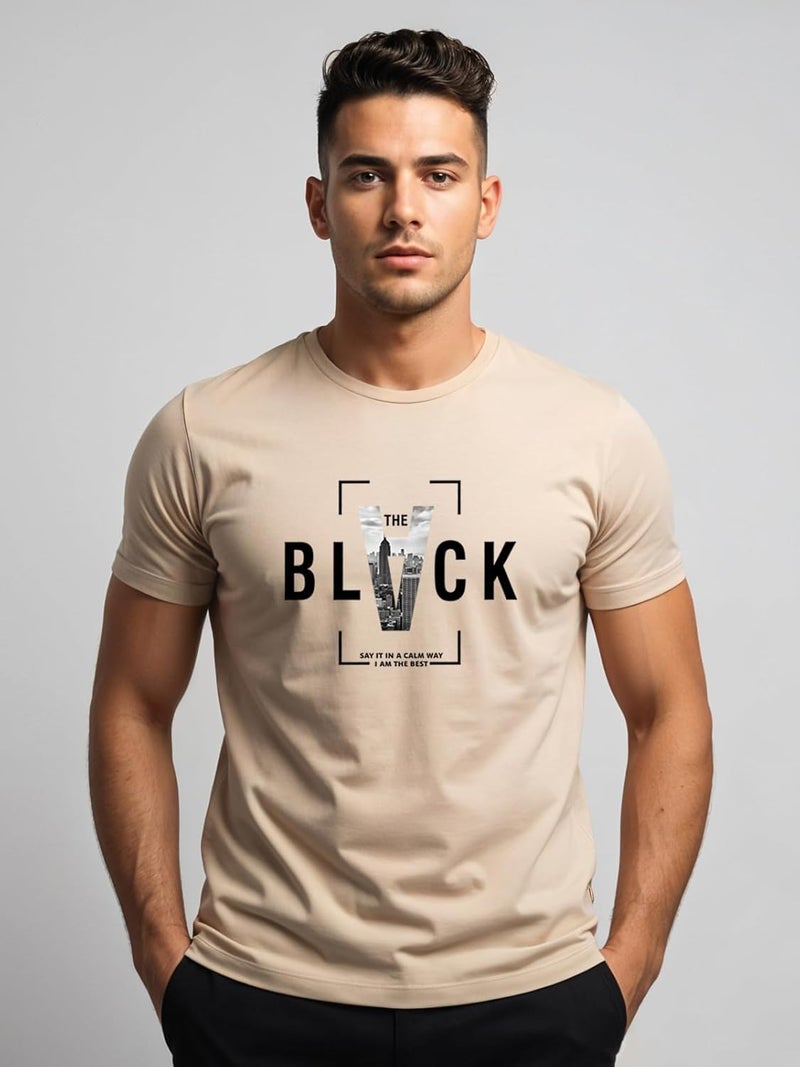 ADRO Men's Regular Fit T-Shirt - Bold Block Vision BLVCK Design in Beige - Image 2