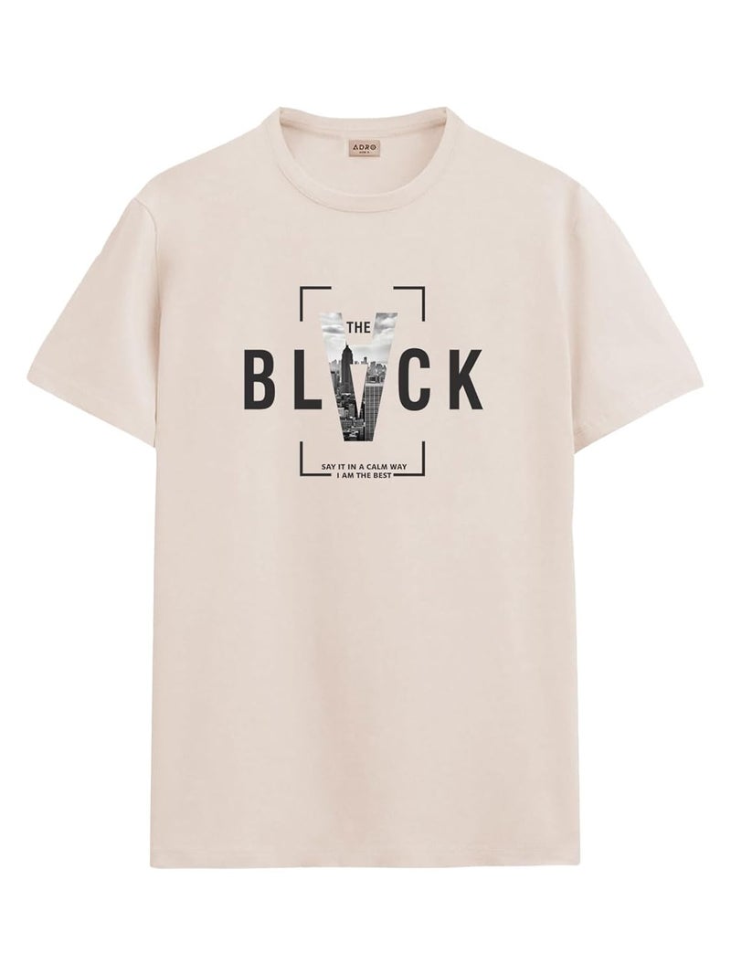 ADRO Men's Regular Fit T-Shirt - Bold Block Vision BLVCK Design in Beige - Image 1