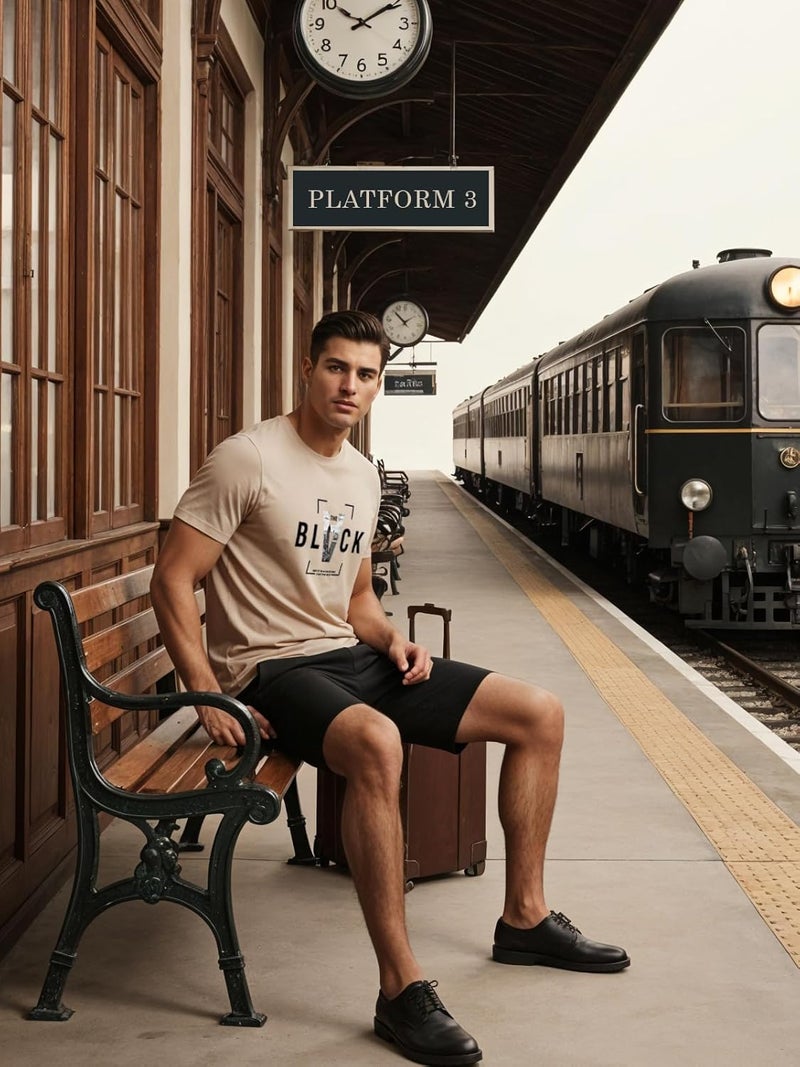 ADRO Men's Regular Fit T-Shirt - Bold Block Vision BLVCK Design in Beige - Image 5