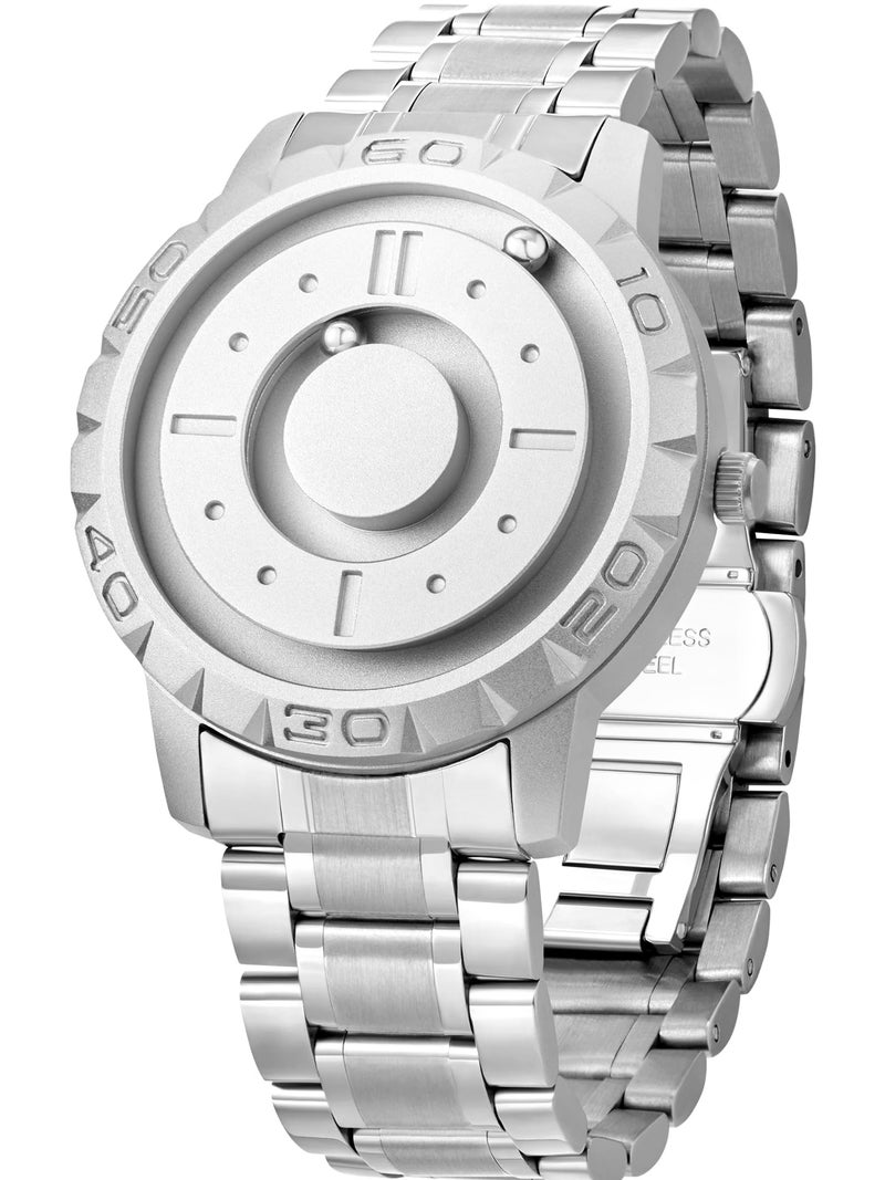 EUTOUR Watches Men Magnetic Watches 3D PVD One Piece Watch Waterproof Watches Stainless Steel Strap Dial 40mm-Sliver - Image 1