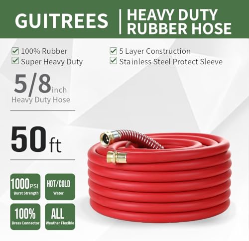 Guitrees Garden Hose 50FT x 58 Heavy Duty Rubber Hose Water Hose with FiveLayered Braiding HotCold Water 1000PSI Burst 200PSI Working Red - Image 3