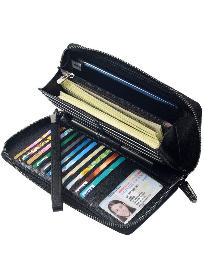 Bveyzi Women Rfid Blocking Wallet Leather Zip Around Phone Clutch Large Capacity Ladies Travel Purse Wristlet (Black) - Image 1