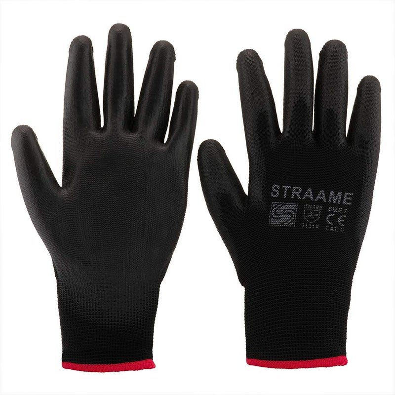 Straame Pack of 12 or 24 Black Safety Work Gloves, Outdoors PU and Nylon Non-Slip Work Handling Gloves, Good Dexterity Firm Grip Protective Working Gloves (Medium - Size 8, 12 Pairs) - Image 1